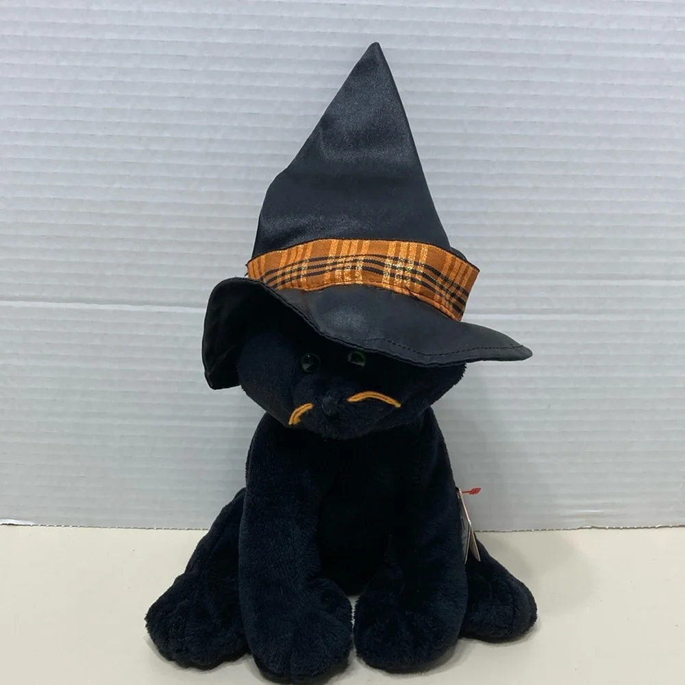 Ty Merlin 2005 Pluffies Halloween Black Cat Witch Hat Stuffed Animal Tags Vtg